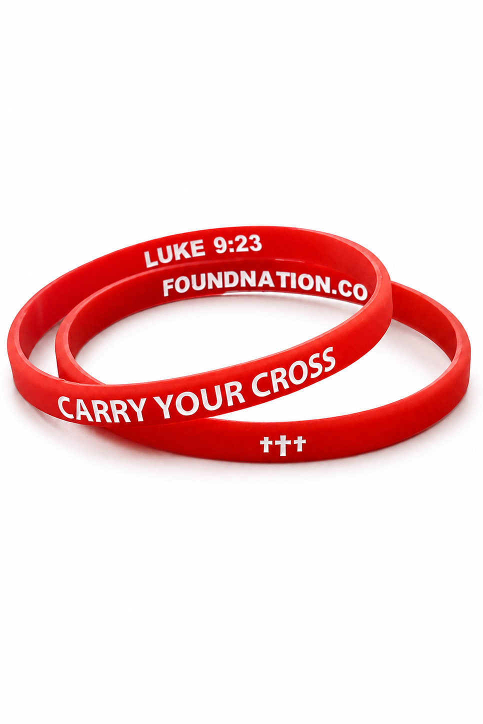 Two (2) red silicone wristbands with white printed text, including 'CARRY YOUR CROSS', 'LUKE 9:23', 'FOUNDATION.CO', and the triple cross symbol, shown on a white background.