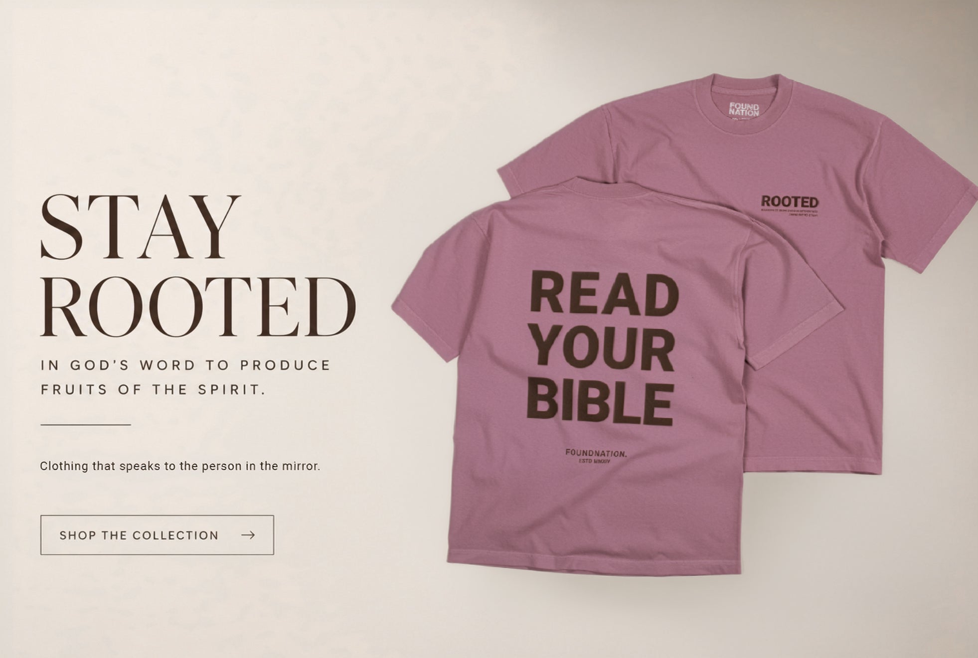 Two mauve-pink t-shirts displayed on a light beige background with promotional text. The front shirt shows the bold text 'READ YOUR BIBLE' in dark brown, and the back shirt shows 'ROOTED' in small dark brown lettering.