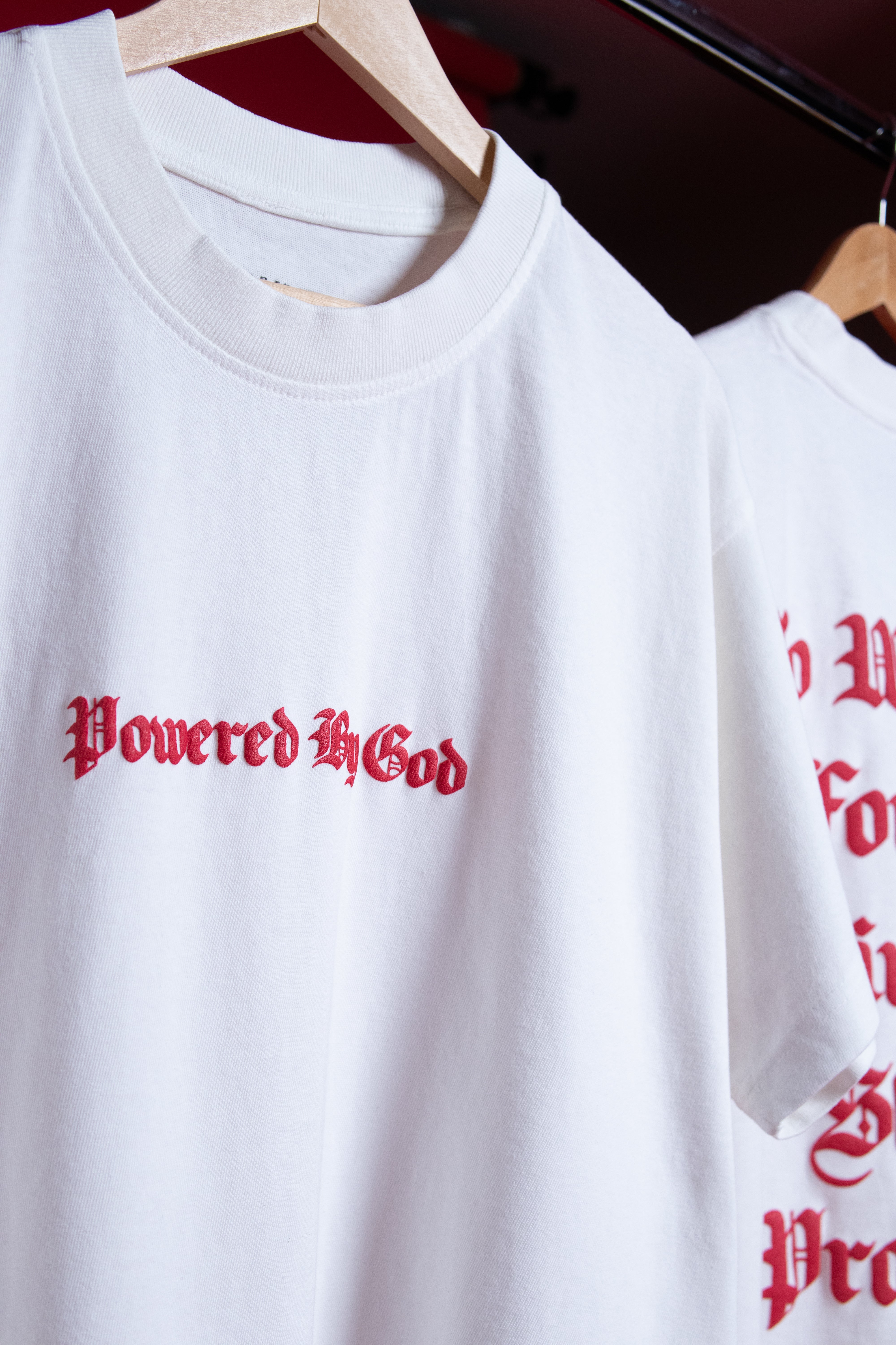 WHITE & RED POWERED BY GOD TEE